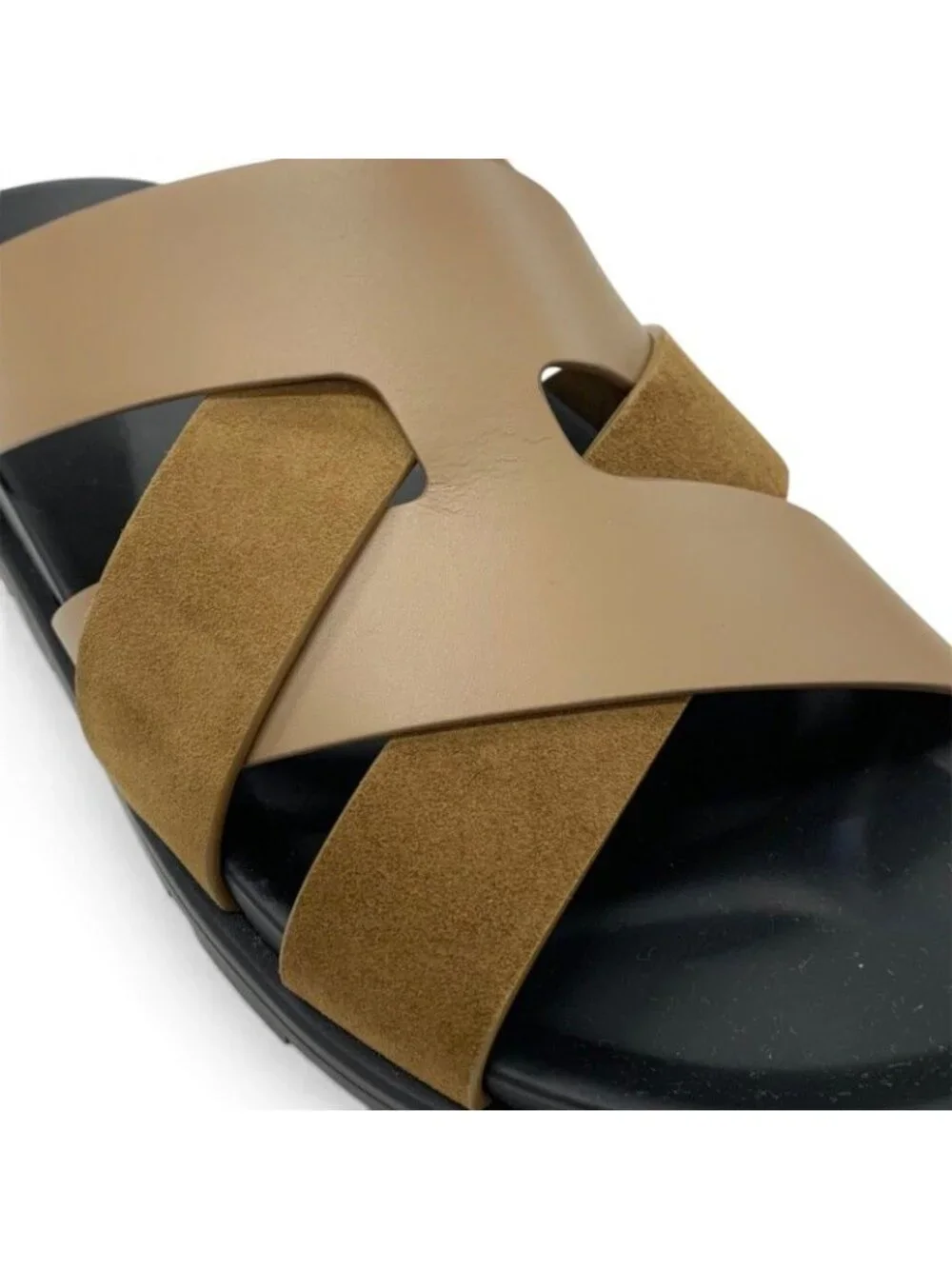 Hermes Casimir Sandals Shoes Leather Suede Brown Black Flat